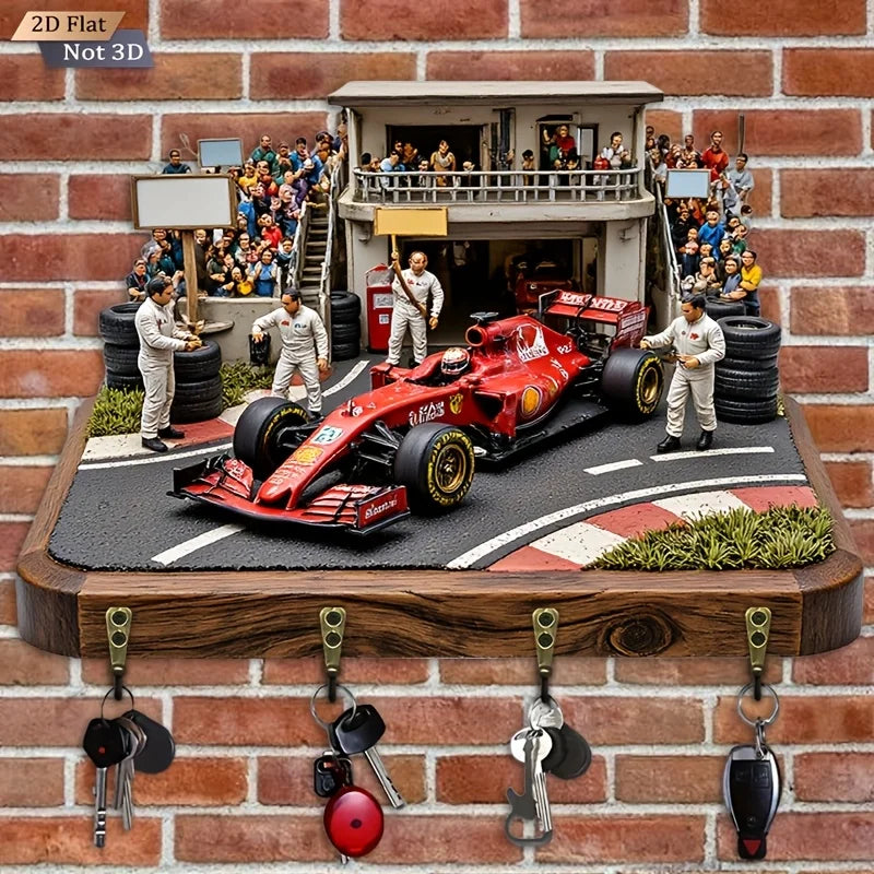 2D Flat. 1pc. Racing-Themed Key Hook - Multifunctional Decorative Key Rack, Equipped with Four Metal Hooks, Wall Decoration