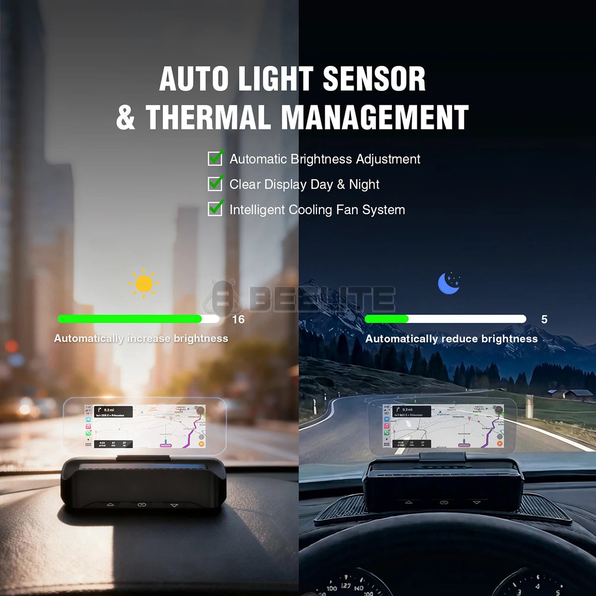 Beelite 2.99" Car HUD Display Wireless CarPlay Android Auto, Bluetooth Audio Output, Light Sensor For Auto Brightness