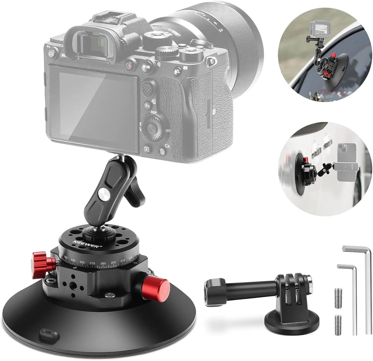 NEEWER 6"/15.2cm Camera Suction Cup Mount Metal Suction Cup Mount on Car Windshield Dash for Camera/Action Camera/Phone Holder