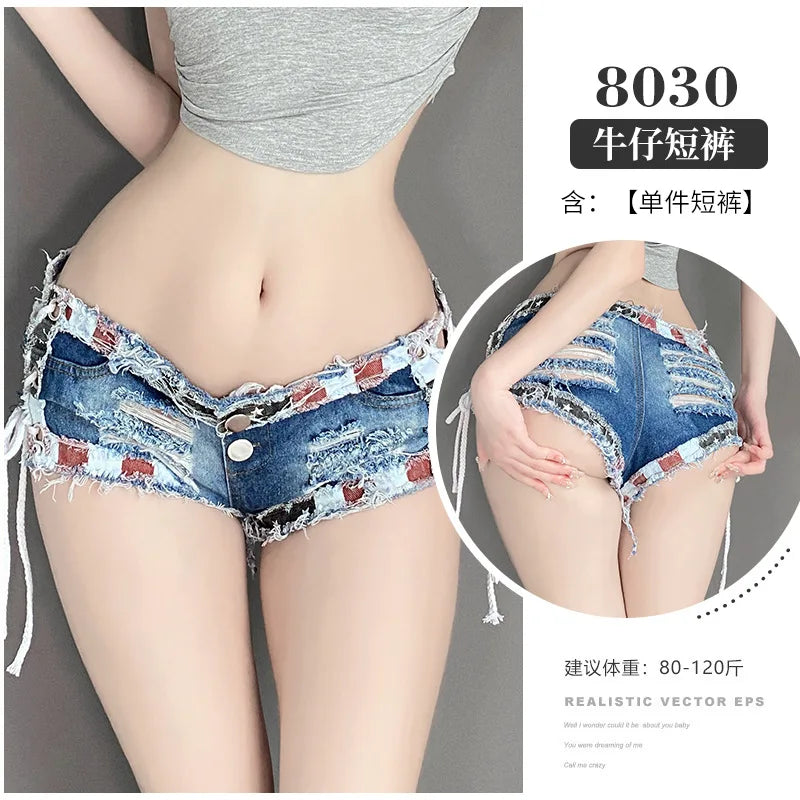 Sexy Low-rise Open Crotch Shorts Bodysuit with Distressed Denim Nightclub Lingerie Set