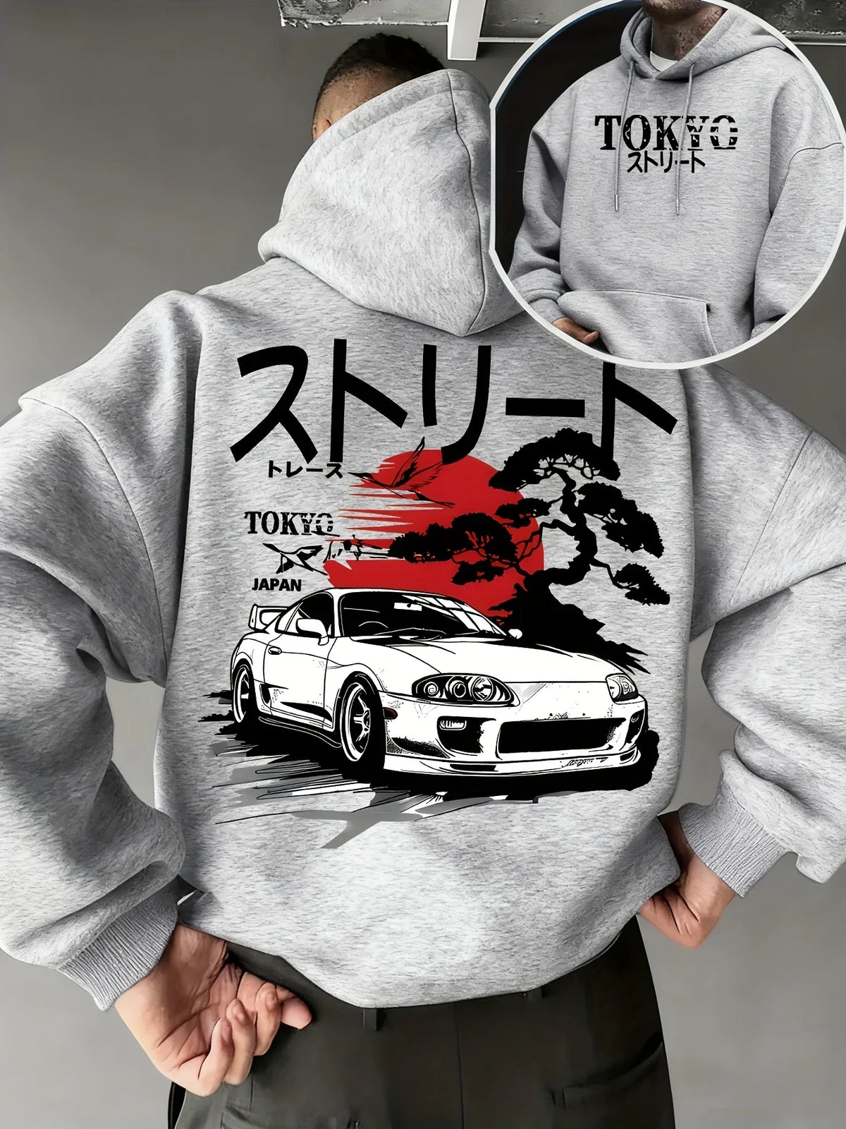 Men Oversized Hoodie JDM Supra Car TOKYO Japan Bonsai Sun Print Pullover Sweatshirt Autumn Winter Japanese Harajuku Street Tops