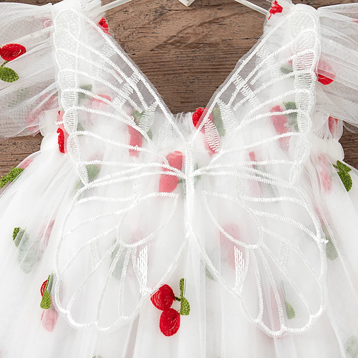 Baby Girl Dress Summer Mesh Cherry Girl Dress Cute Back Wings Wedding Flower Girl Dress Baby Girl Clothing