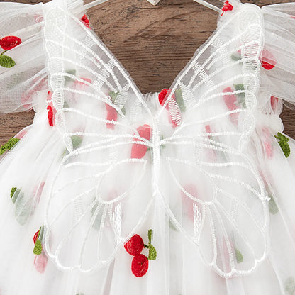 Baby Girl Dress Summer Mesh Cherry Girl Dress Cute Back Wings Wedding Flower Girl Dress Baby Girl Clothing