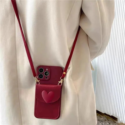 Love Wallet Lanyard Case for iPhone 17 Pro Max 17Air 11 12 13 15 Pro 16 14 Plus Crossbody Strap Fashion Leather Cute Bag Cover