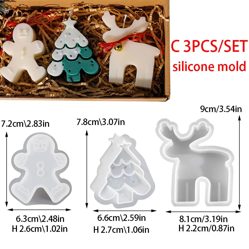 3pcs Gingerbread Man Elk Pine Snowflake Scented Candle Silicone Mold DIY Winter Home Resin Gypsum Decor Handmade Christmas Gifts