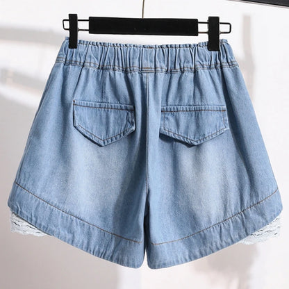 3XL Oversize Denim Wide Leg Shorts Women Summer 100%Cotton Shorts Splice Lace Elastic Waist Cute Soft Girl Frilly Jeans Shorts