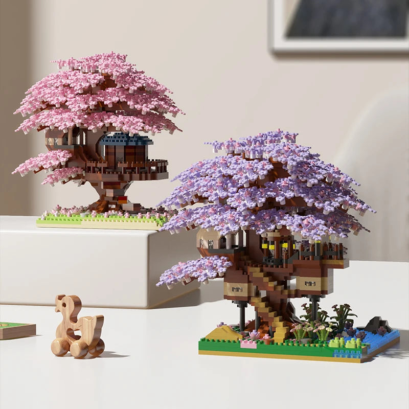 Large Sakura Treehouse Micro Particle Building Blocks, High-Difficulty Assembly Toy, 3D Collectible Display Piece, Suitable as a Holiday Gift for Children Aged 6 and Above