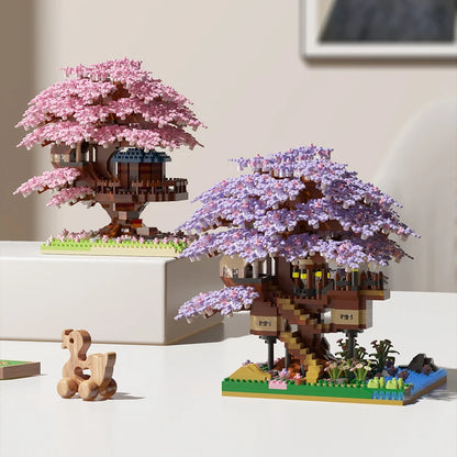 Large Sakura Treehouse Micro Particle Building Blocks, High-Difficulty Assembly Toy, 3D Collectible Display Piece, Suitable as a Holiday Gift for Children Aged 6 and Above