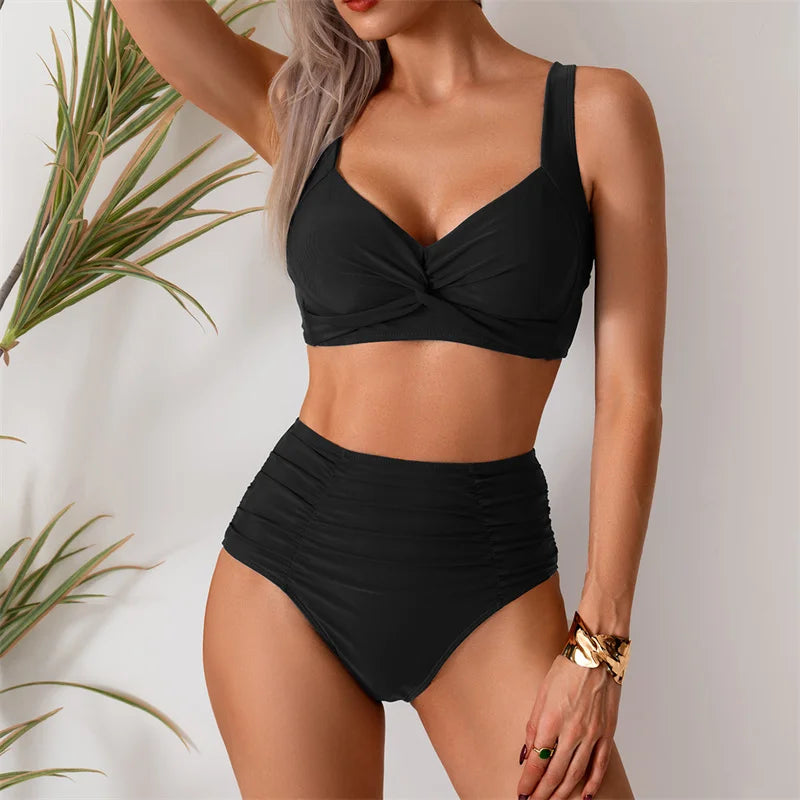 High Waist Women’s Two Piece Swimsuit Female Bikini Swimwear Beach Surfing Brazilian Classical Bathing Suits Ladies 2025