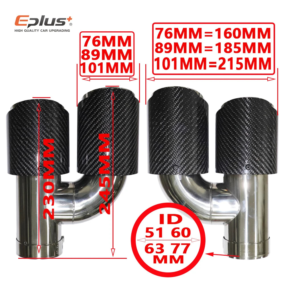 EPLUS Car Carbon Fiber Glossy Muffler Tip H Shape Double Exit Exhaust Pipe Mufflers Nozzle Decoration Universal Stainless Black