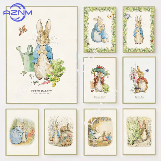 Vintage Boho Bunny Rabbit Inspired Art Poster Baby Room Bedroom Nursery Field Animal Decorative Canvas Painting Home Decor