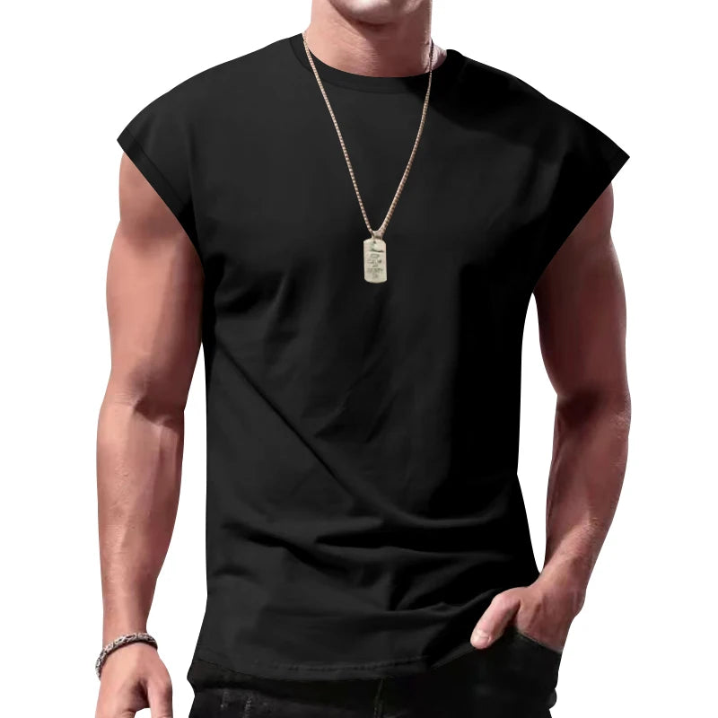 Independent Station 24 Cross-Border Men's Summer New Sleeveless T-Shirt Youth Casual Loose Solid Color Thin Shoulder T-Shirt Spo