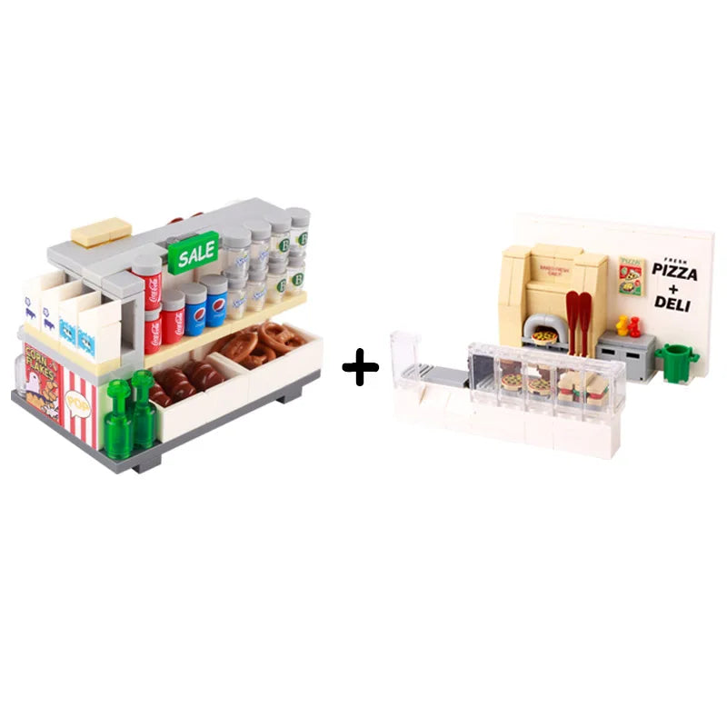MOC City Supermarket Shop Store Building Blocks Street View Drink Food Vegetable Food Accessories Dessert Blocks Printed Bricks
