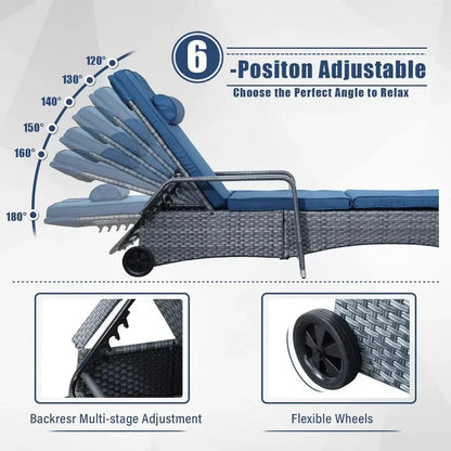 # Hot Patio Rattan Chaise Lounge With Rolling Wheels Adjustable Reclining Backrest 3-Piece PE Wicker Sun Bathing Chair Furniture