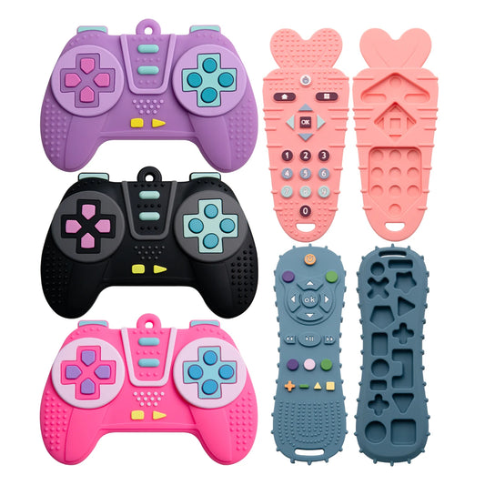 Baby Silicone Remote Control + Game Controller Teething Set Bpa-Free Teething Toy Soothing Teether Sensory Training Toy for 3-12 Months Old Babies