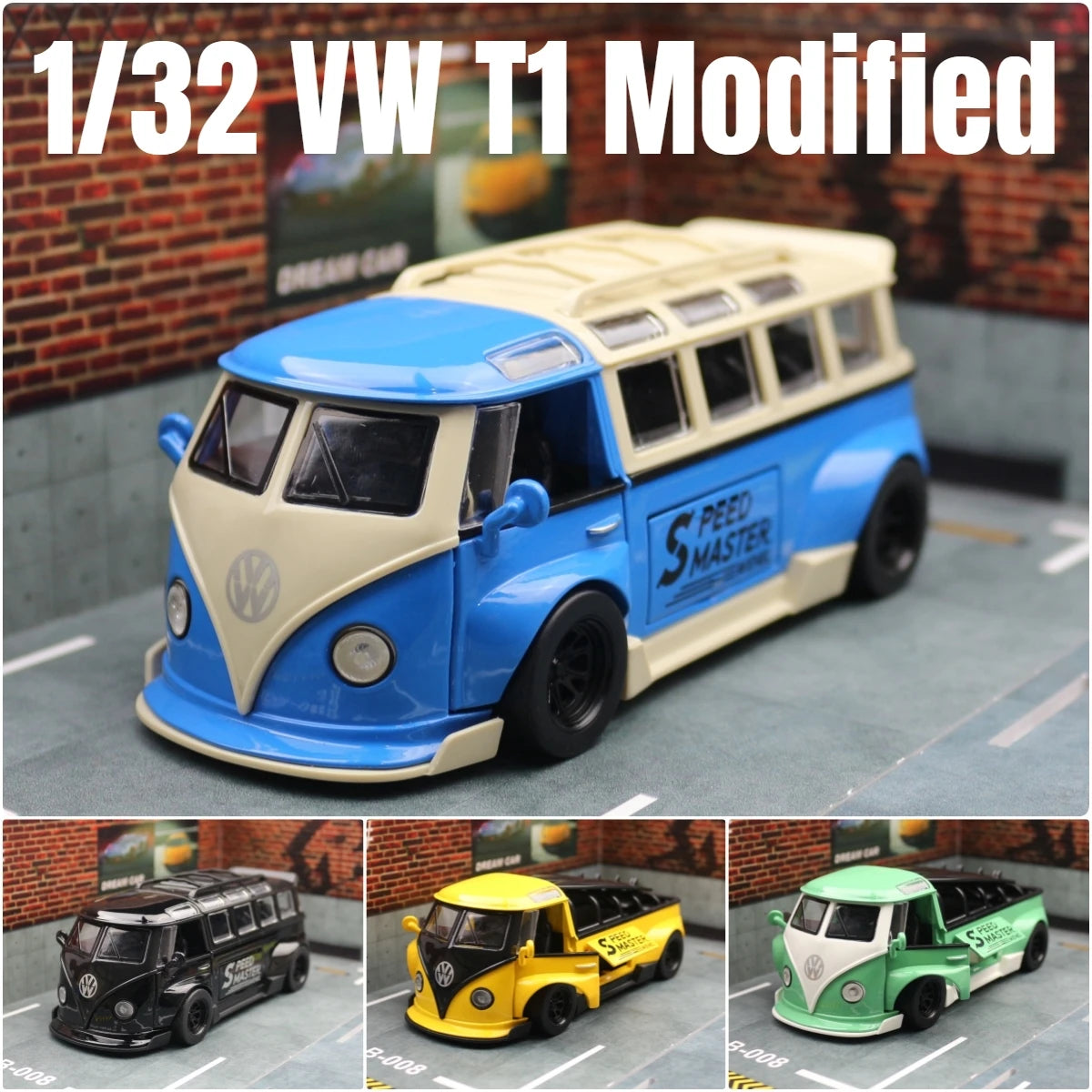 1/32 Volkswagen T1 Minibus Samba JDP Modified Toy Car For Children Diecast Miniature Model Sound & Light Collection Gift Boys