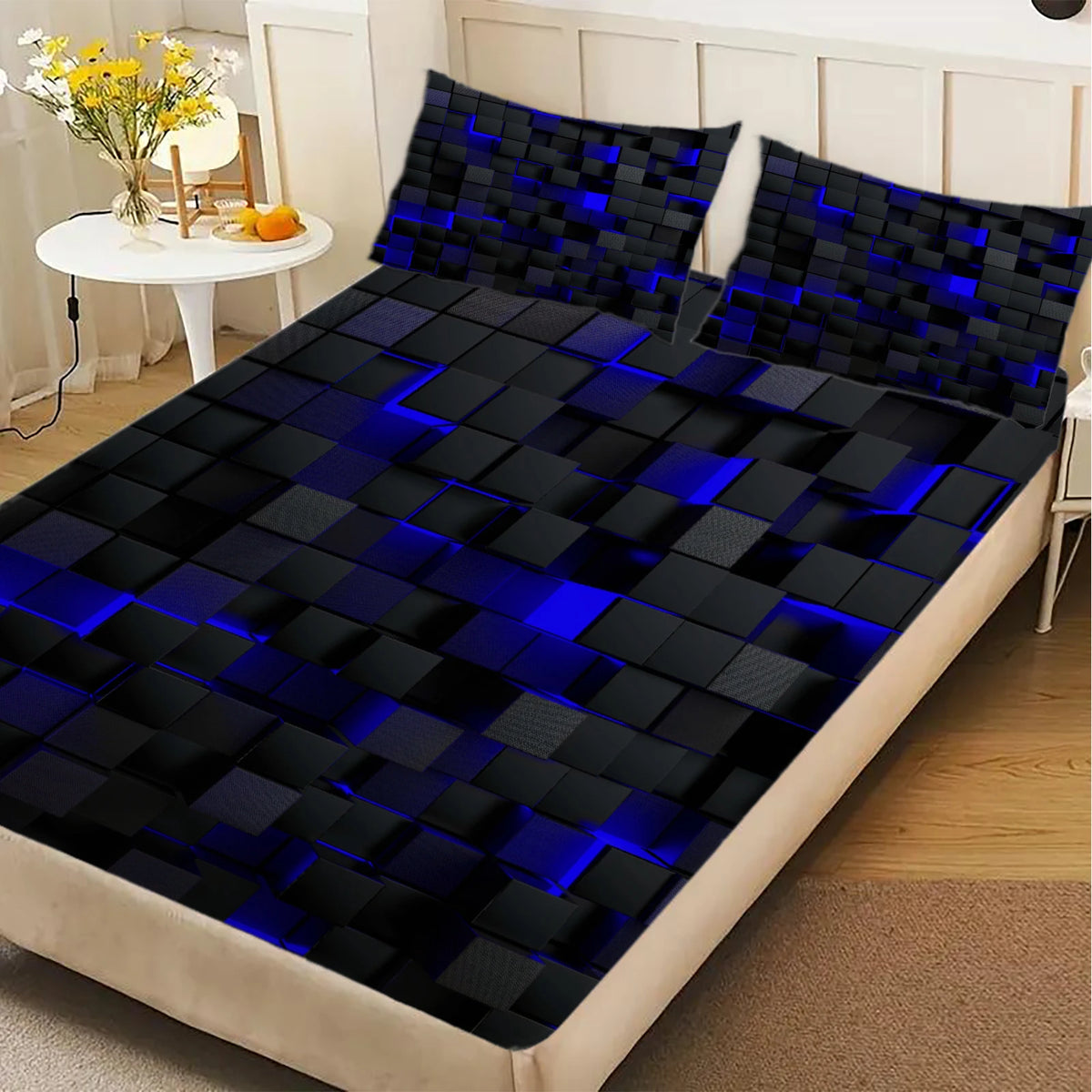 1 Piece 3D Geometric Square Fitted Sheet Black Blue Luminous Cube Texture Soft Microfiber Bedding For Modern Bedroom Decor