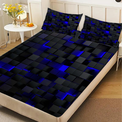 1 Piece 3D Geometric Square Fitted Sheet Black Blue Luminous Cube Texture Soft Microfiber Bedding For Modern Bedroom Decor