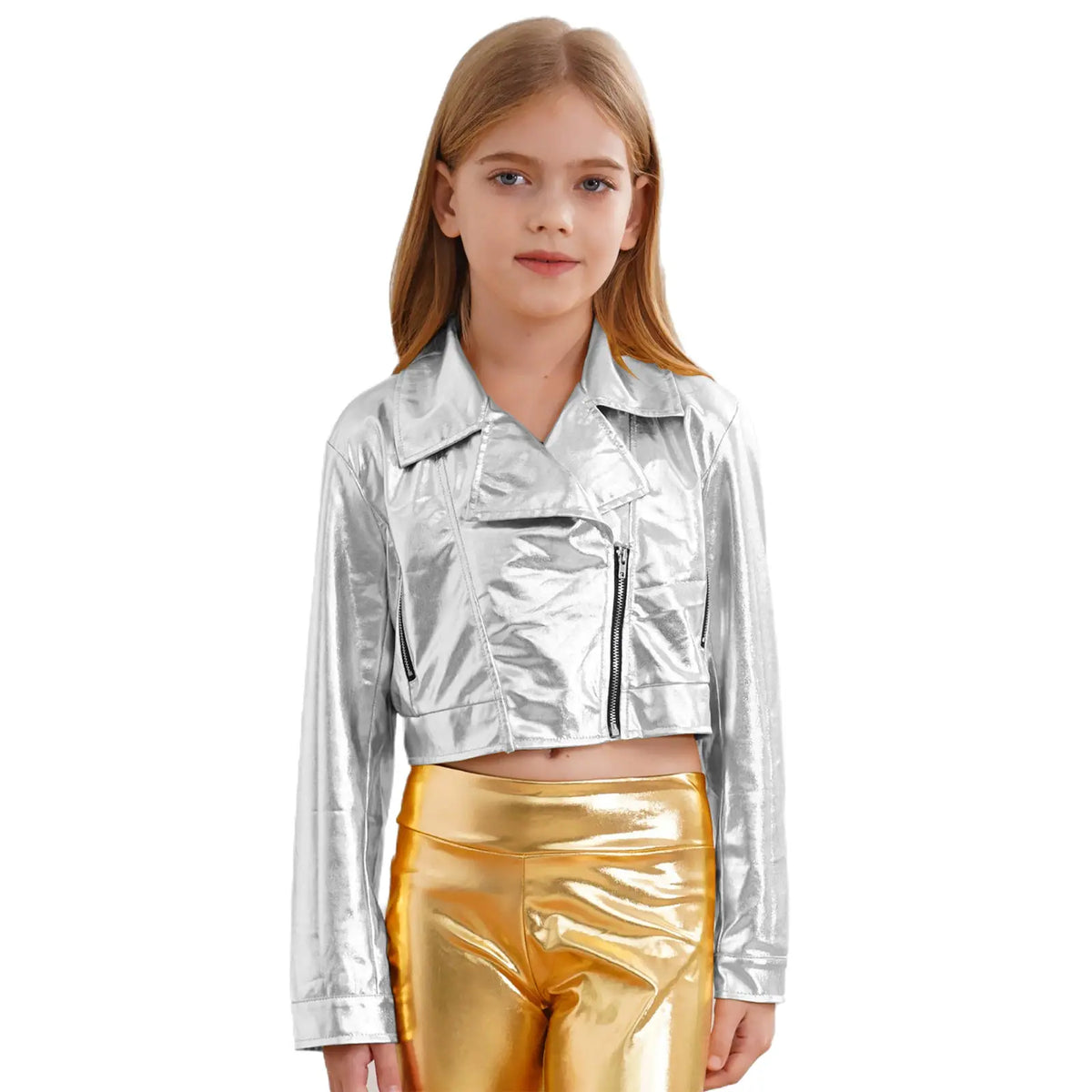 Kid Girls Boys Zipper Metallic Motorcycle Jacket Coat Hip-Hop Jazz Street Dance Outwear School Party Stage Performance Dancewear