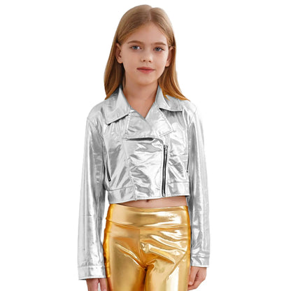 Kid Girls Boys Zipper Metallic Motorcycle Jacket Coat Hip-Hop Jazz Street Dance Outwear School Party Stage Performance Dancewear