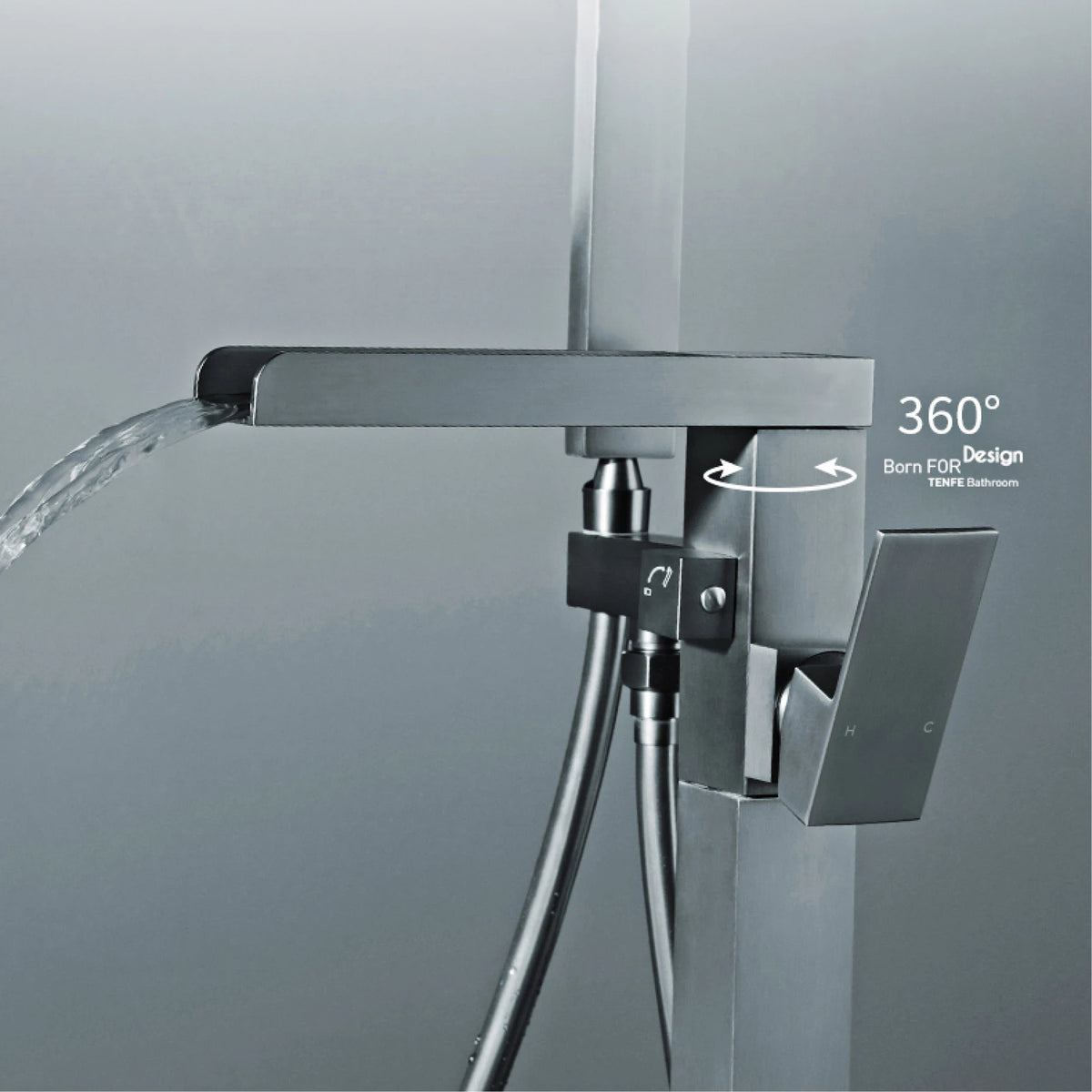 AITANA Luxury Black Brass Floor Standing Bathroom Faucet with Waterfall Water Outlet Design, Hot and Cold Bathtub Mixer