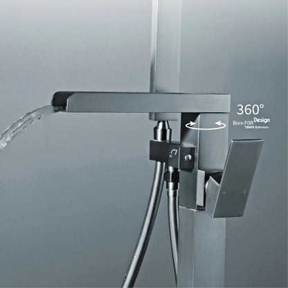 AITANA Luxury Black Brass Floor Standing Bathroom Faucet with Waterfall Water Outlet Design, Hot and Cold Bathtub Mixer