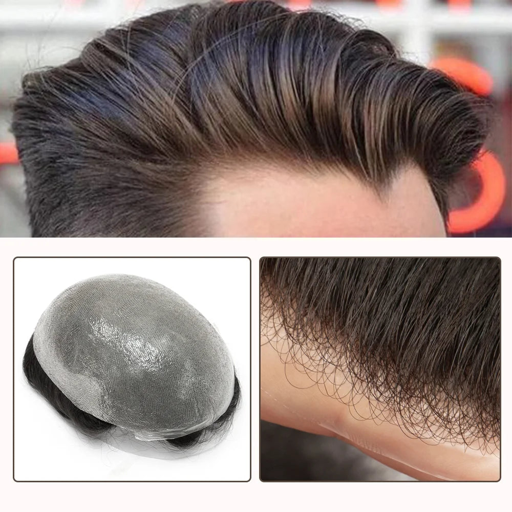 0.03mm Thin Skin Men's Wig 90% 100% Density Human Hair Men Toupee Capillary Prosthesis V Loop Natural Hairline for Hair Loss