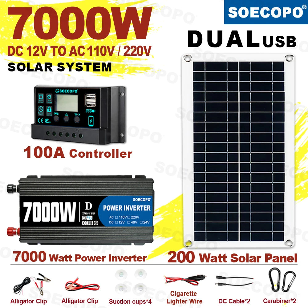 7000W  Solar System Kit  12V To 110V/220V Off-Grid Inverter System 100A Controller 200W Panel for Home/Camping Backup CE FCC