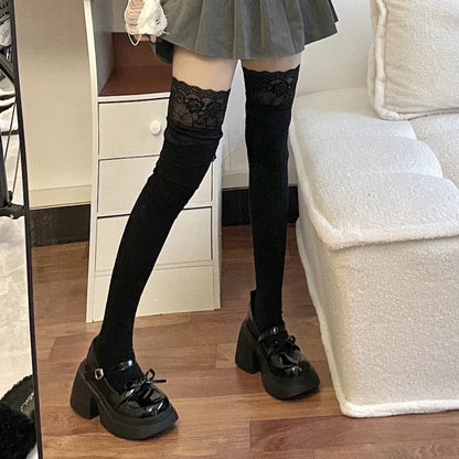 Women's Lace Trim Over the Knee Socks Lolita Ruffle Top Thigh High Stockings Japanese Style Knit Long Socks Casual Slouch Socks