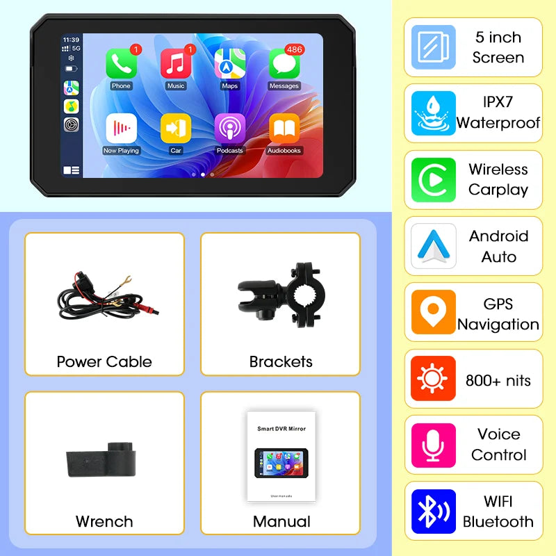 Jansite Dual Bluetooth Motorcycle Carplay Screen Navigation GPS Display IP67 Waterproof Support Helmet Intercom Moto Accessories