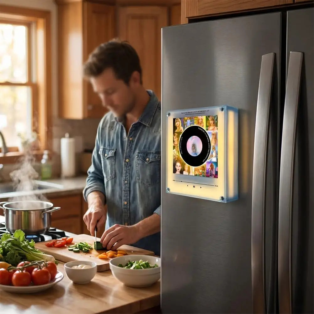 Creative Vinyl Disc Player Fridge Magnet Decor,with 9Pcs NFC Rotating Disc Cards ,NFC Sensing Retro Player With Night Light