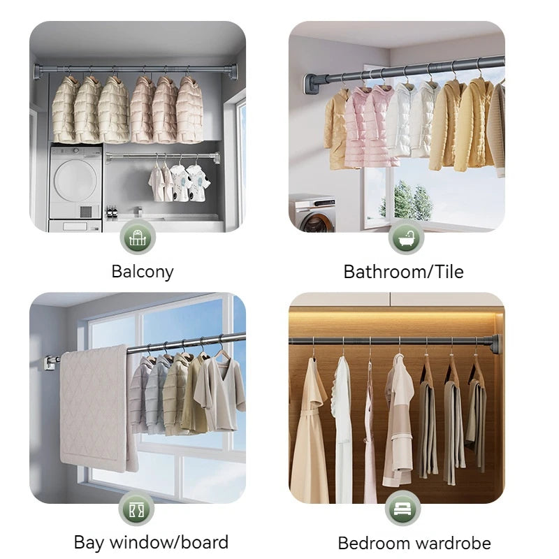 Adjustable Stainless Steel Shower Curtain Rod Clothes Drying Rack No-Drill Telescopic Pole for Laundry Room Bathroom