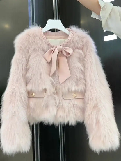 Winter Pink Eco-Friendly Fox Hair Women's Short Fringed Edge Design Age-Reducing Jacket Furry Top Faux Fur jacket For Lady