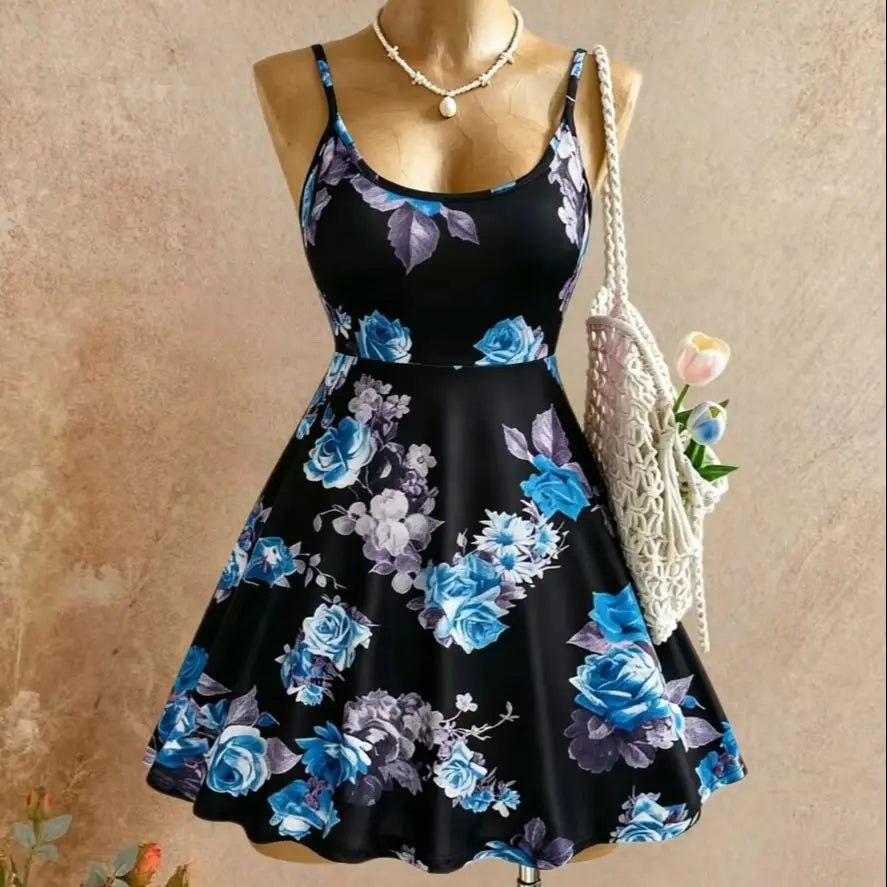 Women Spaghetti Strap U Neck Blue Floral Print High Waist Swing Mini Dress 2026 Summer Y2K Black Background Sleeveless Beach Vac