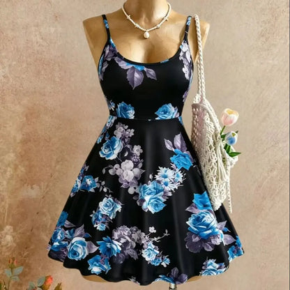 Women Spaghetti Strap U Neck Blue Floral Print High Waist Swing Mini Dress 2026 Summer Y2K Black Background Sleeveless Beach Vac