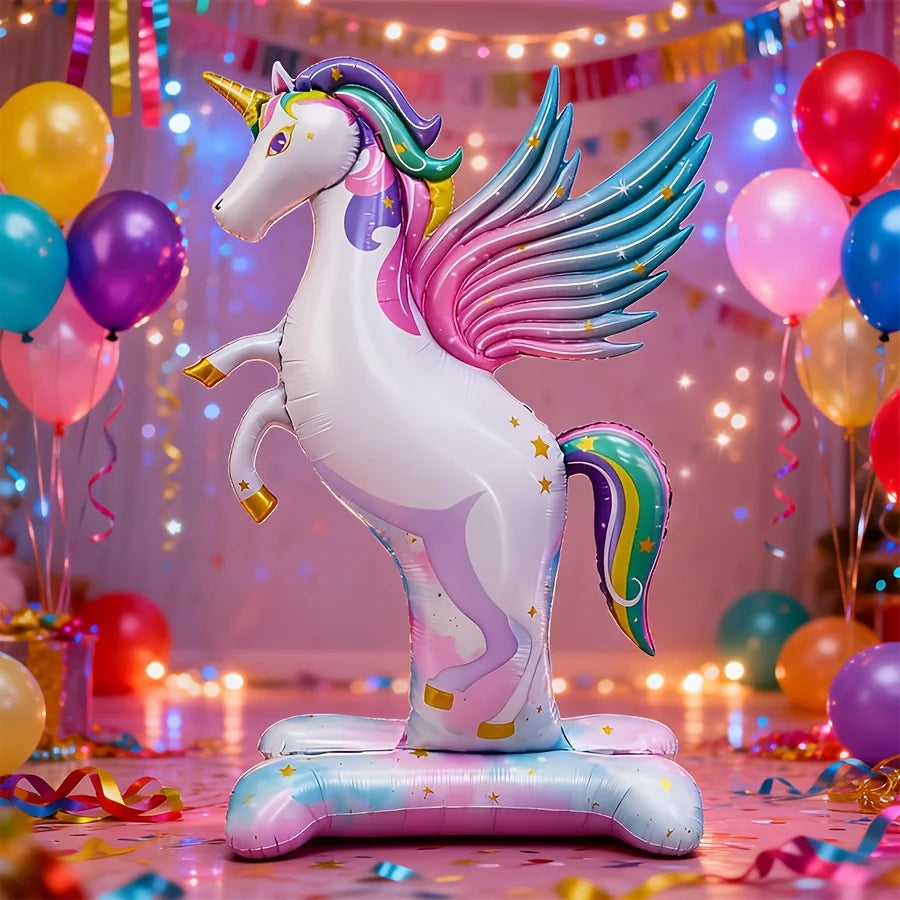 Giant 3D Self-Standing Unicorn Foil Balloon with Stable Base, Rainbow Gradient Unicorn with Wings Inflatable Mylar Balloon for K