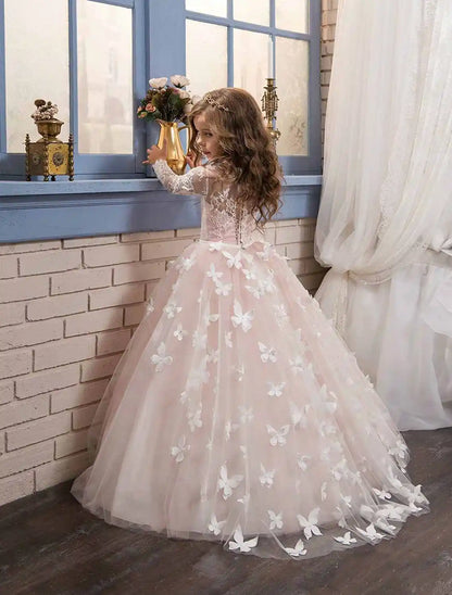 Elegant and Lovely butterfly Floor Mopping Flower Girl Wedding Dress, Lace Long-Sleeved Ball Dress