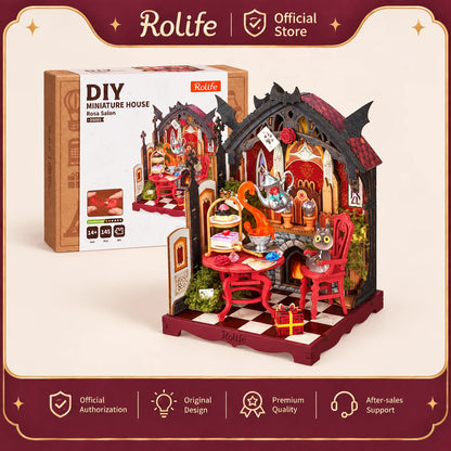 Rolife Tea Room DIY Miniature Dollhouse Kit Craft Gift 1:28 Gothic Rosa Salon Diorama Wooden Model Collectible Home Display
