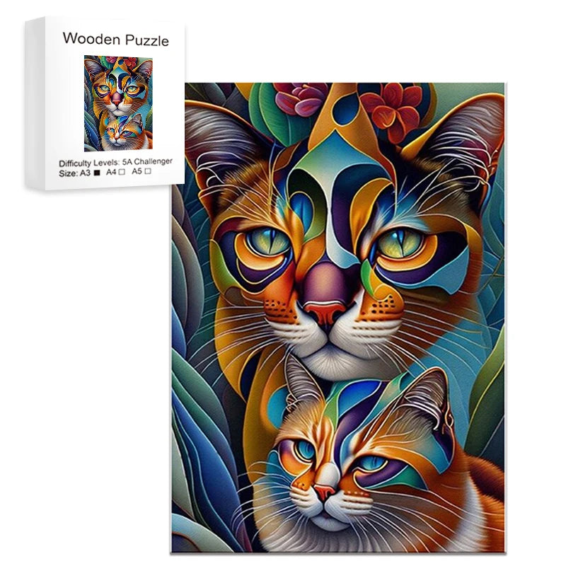 Two Cat Wooden Puzzles Games, Uniquely Irregular Animal Shaped Pieces Jigsaw Puzzles Toy, Creative Gift for Teenagers