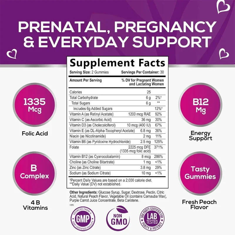 Folic Acid Prenatal Multivitamin Gummies, Containing Folic Acid, Vitamin C, D3, B6, B9, and B12- Non GMO and Gluten Free