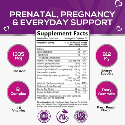 Folic Acid Prenatal Multivitamin Gummies, Containing Folic Acid, Vitamin C, D3, B6, B9, and B12- Non GMO and Gluten Free