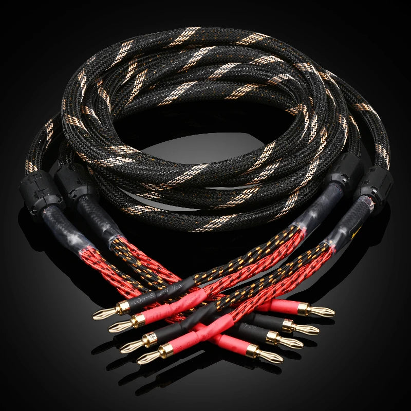 One Pair HiFi Speaker Cable High Purity 6N OFC Core with Banana and Y 24K Gold Plug Hifi Horn Cable for Amplifier Speaker