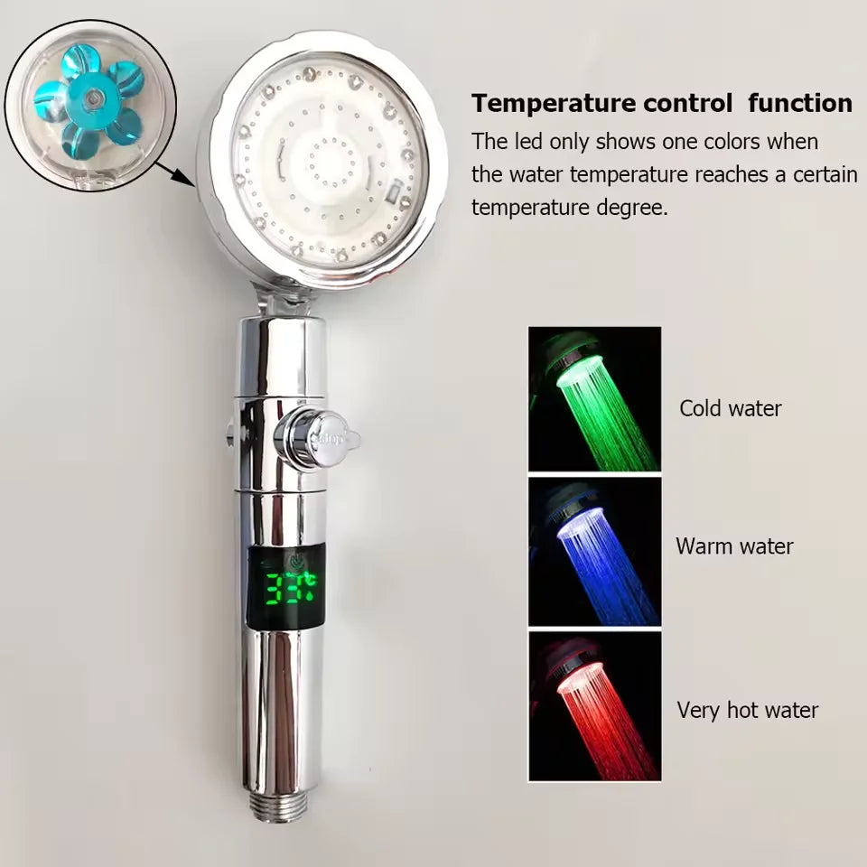 LED Digital Temperature Display Shower Head Temperature Control Colorful Fan Spray Nozzle High Pressure Rainfall Bathroom Shower