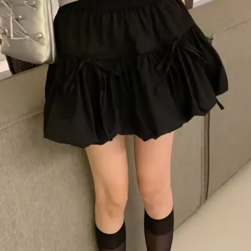 Sweet Cool Kawaii Y2K Puff Mini Skirt Women's Plaid High-Waist Lace Patchwork Bow Casual Dating Skirt  Lolita School Performance