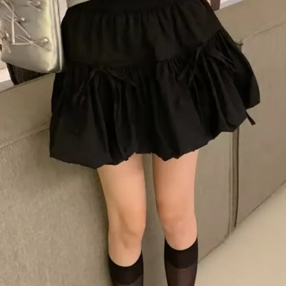 Sweet Cool Kawaii Y2K Puff Mini Skirt Women's Plaid High-Waist Lace Patchwork Bow Casual Dating Skirt  Lolita School Performance