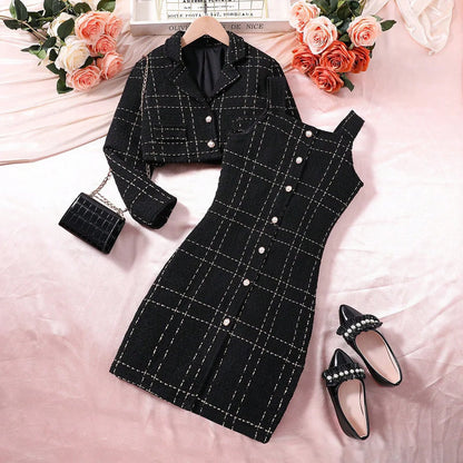 2pcs Fashion Girl Dress with Jacket Clothes Set Teenager Girl Suits Coat Elegant Plaid Dresses Kids Children Clothing Plus Size