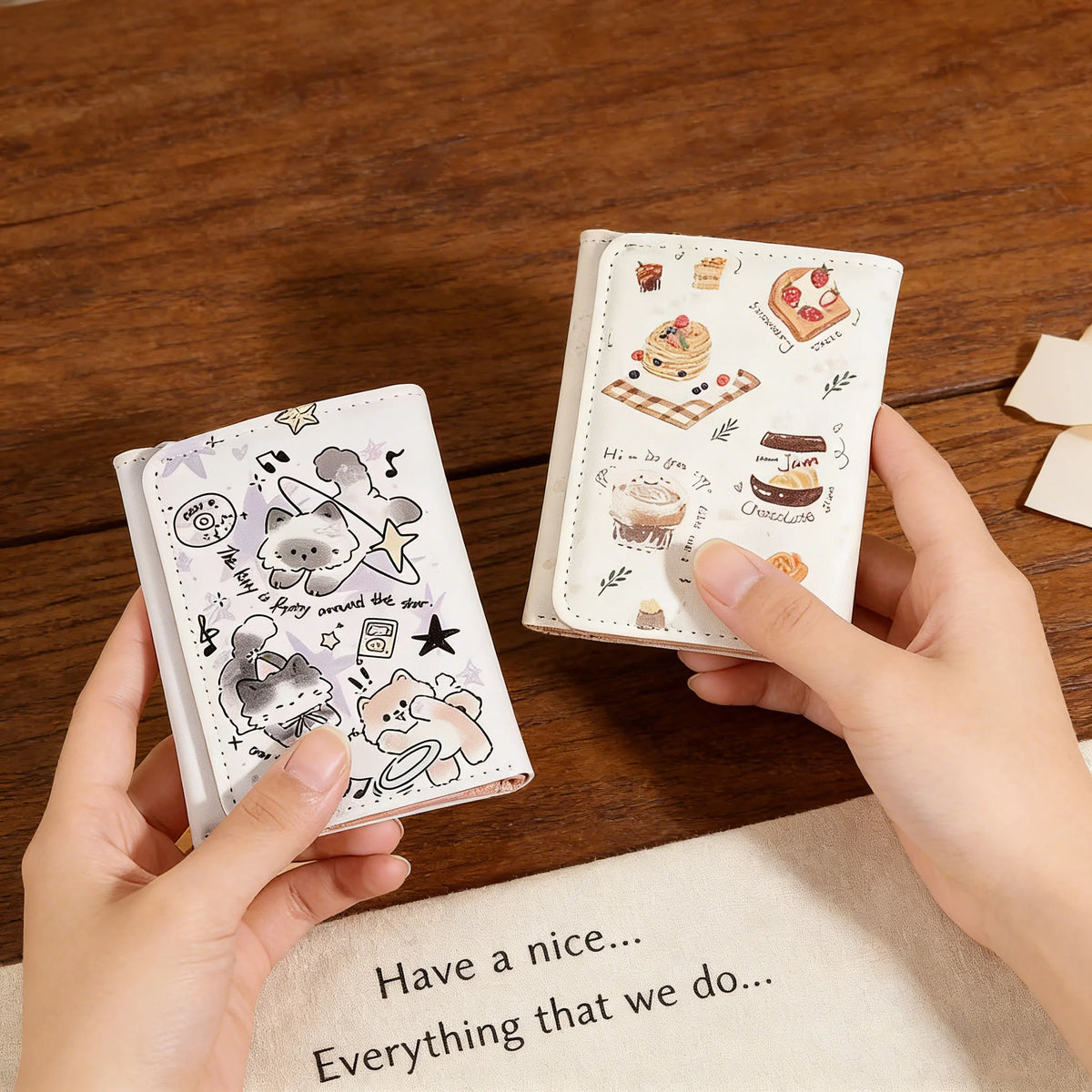 BUYLEMO Cartoon Illustration Snap Button Short Wallet, Kawaii PU Leather Multi-Card Slot Card Holder
