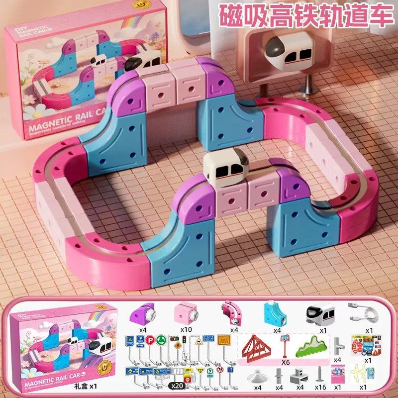 Snap-Together DIY Magnetic Electric Train Anti Gravity Track Set Magnetic Building Blocks Toy For Children Girls Birthday Gift