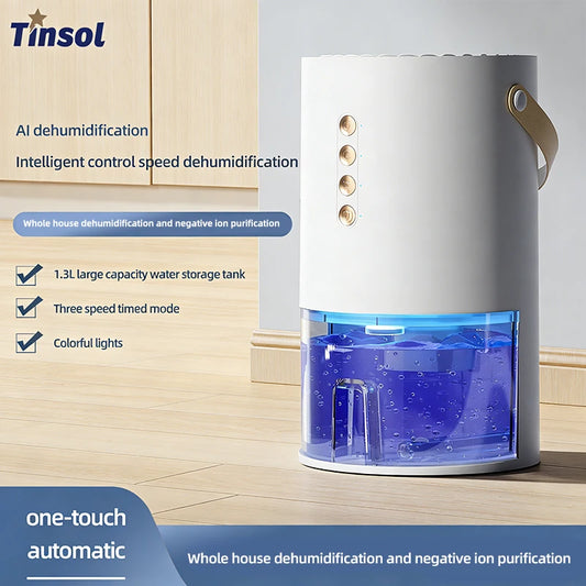 TINSOL 1300ml Smart Negative Ion Dehumidifier, Eliminates Humidity, Mold, and Moisture, Energy-Saving Timer, Air Dryer