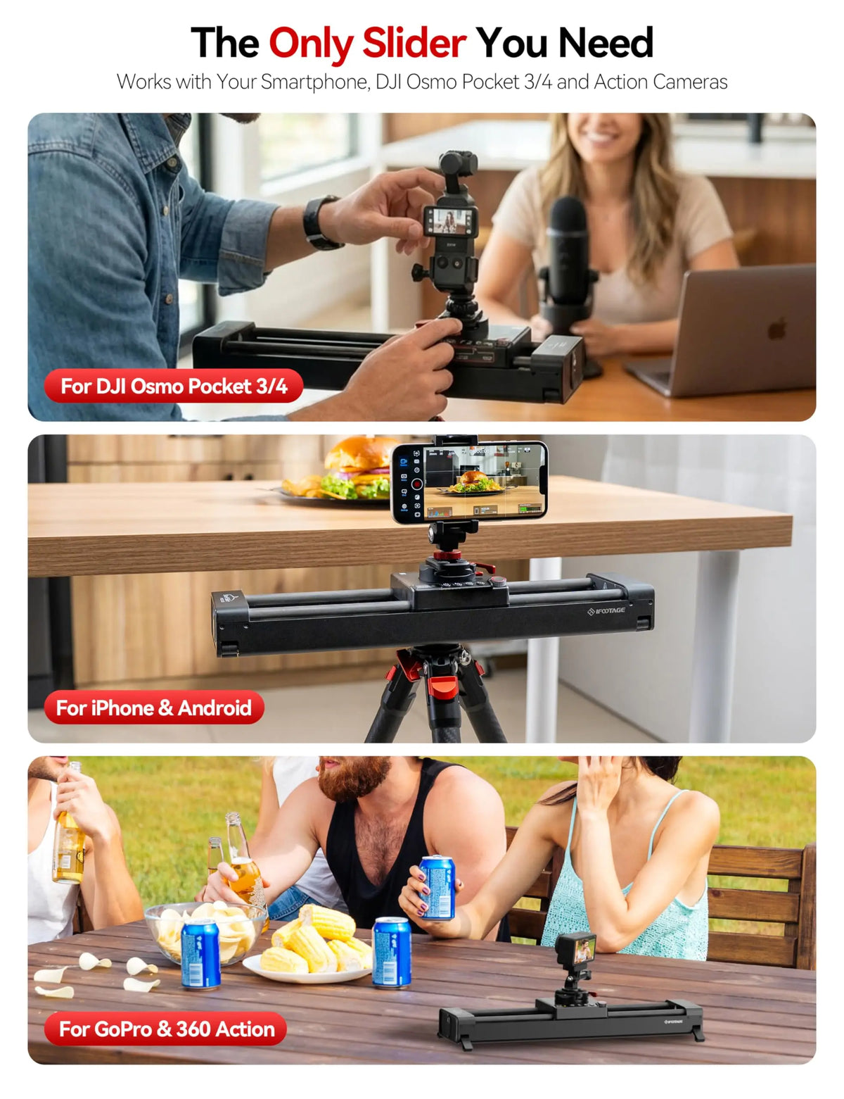 IFOOTAGE Shark Slider PICO PRO, 15.75'' Motorized Slider for DJI Pocket 3/4, Action Cameras and Smart Phones, Dual-Axis 360°